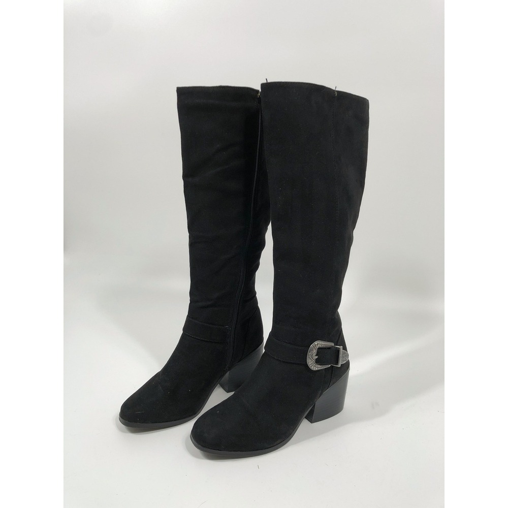 Faux Suede Leather Boots Womens 5.5 Black Buckle Western Rodeo Country Rodeo